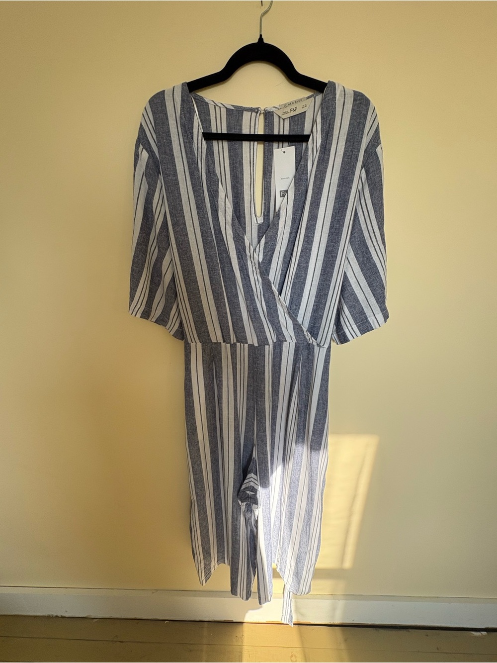 New With Tags F&F Blue and White Striped Linen Wide leg Cropped Jumpsuit Size 18